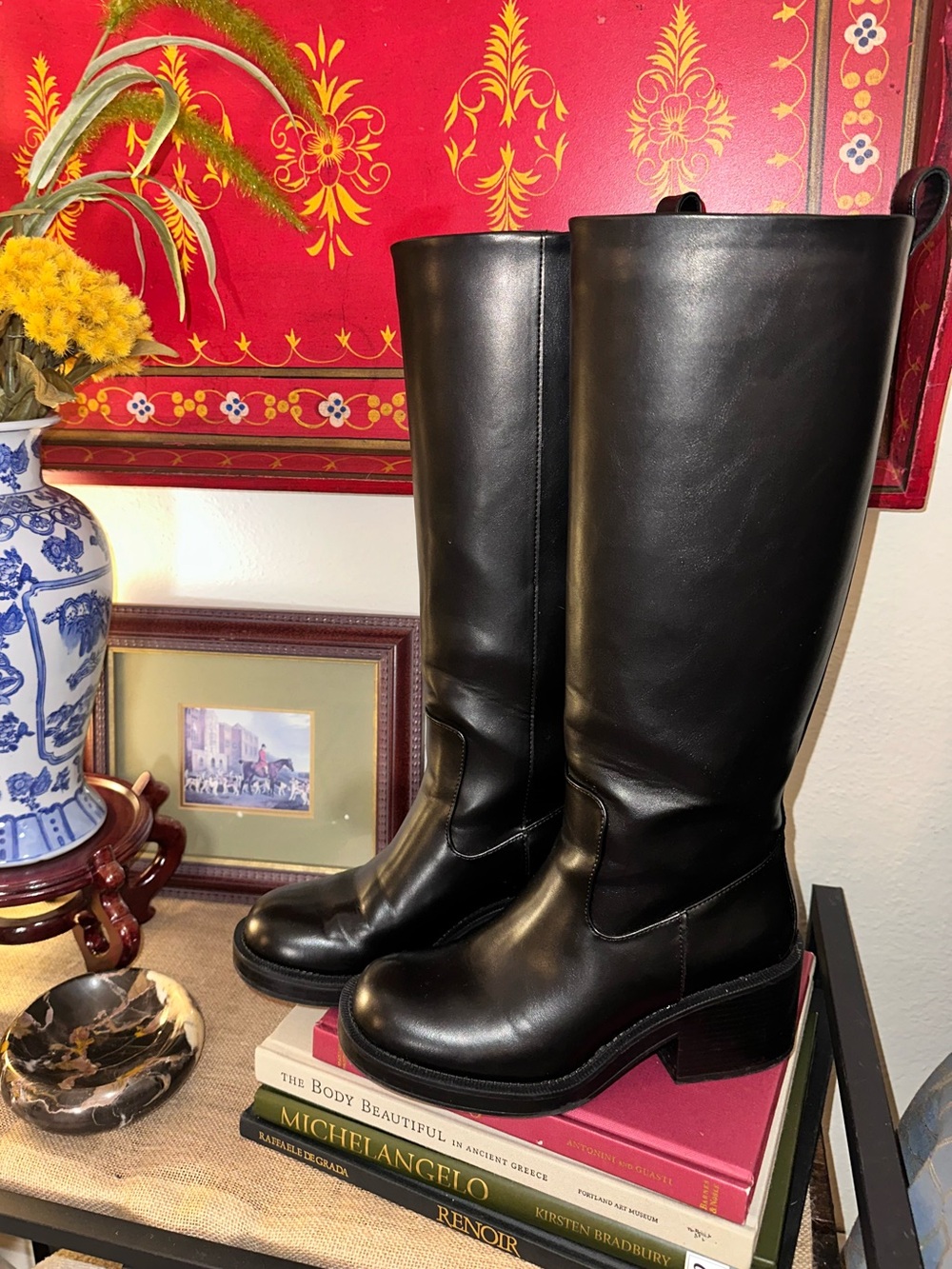 Zara Black Leather Knee-High Boots with Block Heel Size 37